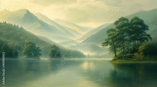 Painting style scene featuring a serene landscape with soft, hazy transitions between light and shadow. Rolling hills and a calm river are enveloped in a gentle mist, with distant mountains .