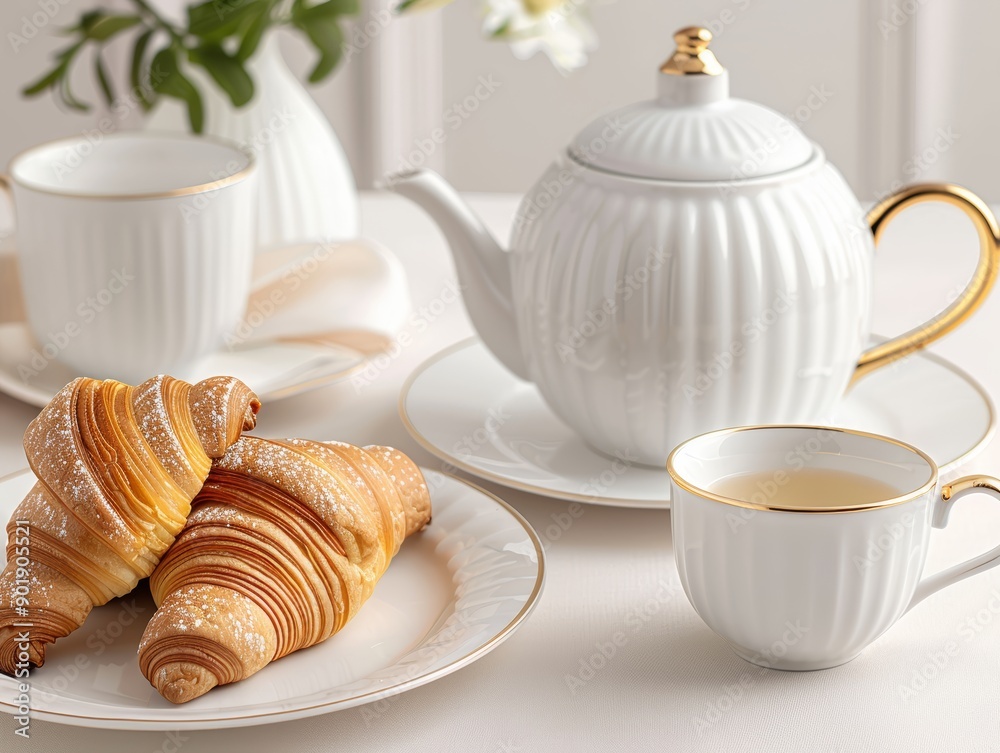 Elegant tea set with croissants on a table, perfect for afternoon tea or breakfast moments. Elegant tea set with croissants on a table, perfect for afternoon tea or breakfast moments.