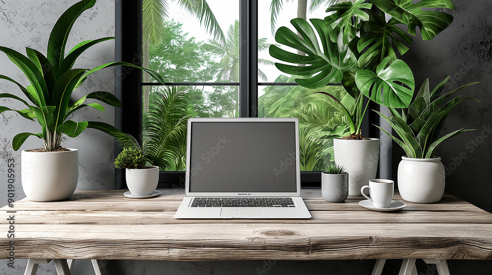 A minimalistic home office setup with a sleek desk, modern laptop, and a cup of coffee, clean and organized space. A minimalistic home office setup with a sleek desk, modern laptop, and a cup of coffee, clean and organized space.