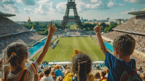 group of happy kids cheering enthusiastically at a sports event in Paris during the 2024 games, with the Eiffel Tower in the background