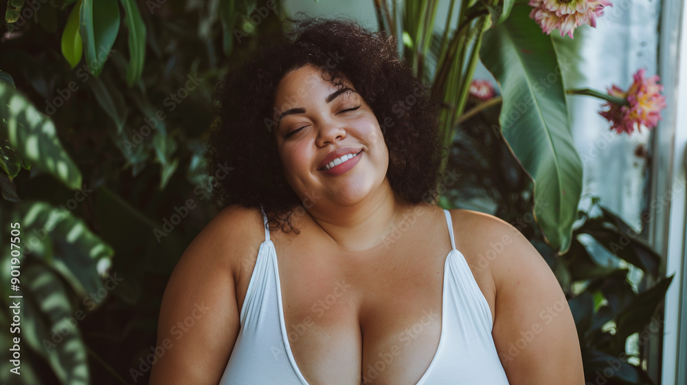 plus-size beautiful smiling black woman in a white tank top in a lush garden plus-size beautiful smiling black woman in a white tank top in a lush garden
