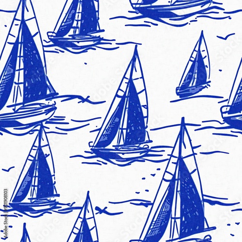 Coastal sail boat in azure ocean blue seamless background, Modern sailing race boat block print for decorative coast interior furnishing fabric . Rustic linen beach cottage trend tile. 