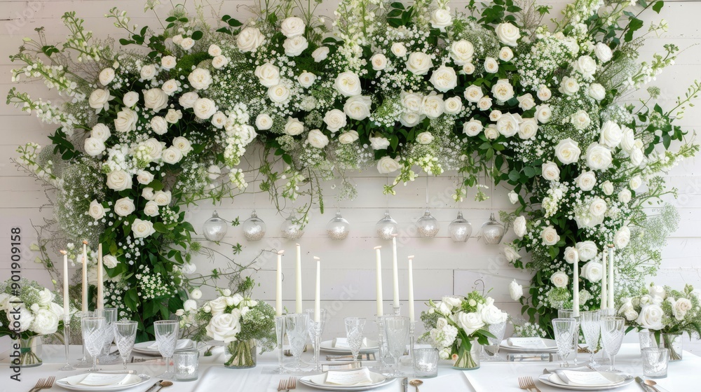 A beautifully adorned dining table features lush white flowers and elegant candles, creating a serene atmosphere for a special celebration with loved ones A beautifully adorned dining table features lush white flowers and elegant candles, creating a serene atmosphere for a special celebration with loved ones