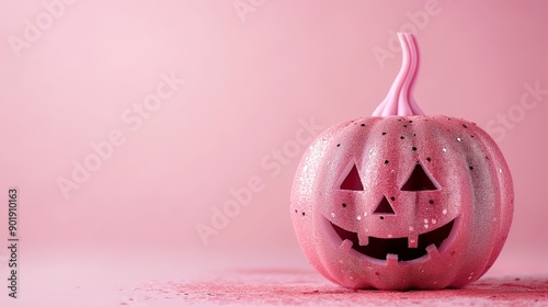 Halloween banner with pink pumpkin Jack o lantern covered with shiny glitters, over background with empty space