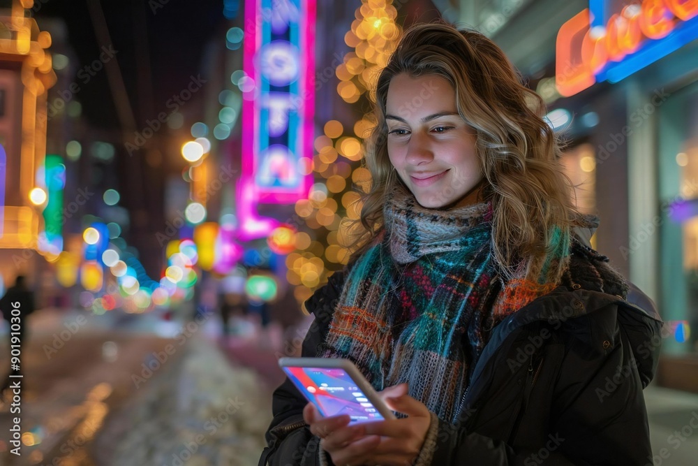 woman standing on a city street at night, using a mobile app with neon lights illuminating the urban landscape around her.