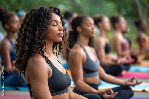 - A diverse group of women practicing yoga together in a peaceful park setting.