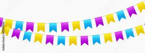 Bunting flags, carnival party flags, festive pennants hanging on a rope. Festival vector decoration.