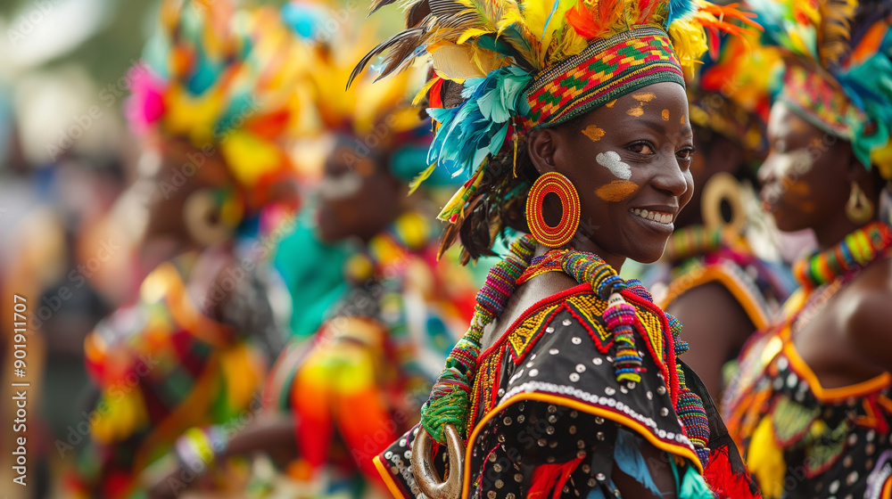 A woman wearing a colorful headdress and a necklace is smiling A woman wearing a colorful headdress and a necklace is smiling