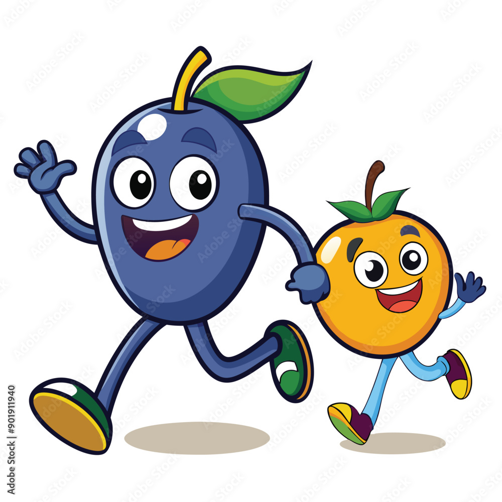 Fototapeta premium funny running Blueberry and Mango cartoon character, vector silhouette, 