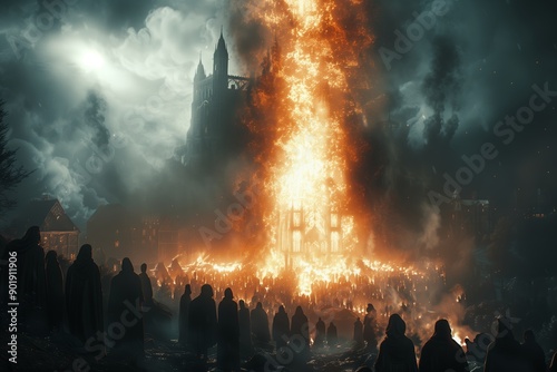 Dramatic Night Scene of a Fiery Cathedral Surrounded by Cloaked Figures in a Dark Setting photo