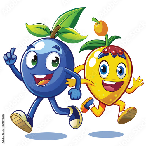 funny running  Blueberry and Mango  cartoon character, vector silhouette, 