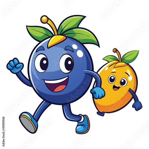 funny running  Blueberry and Mango  cartoon character, vector silhouette, 