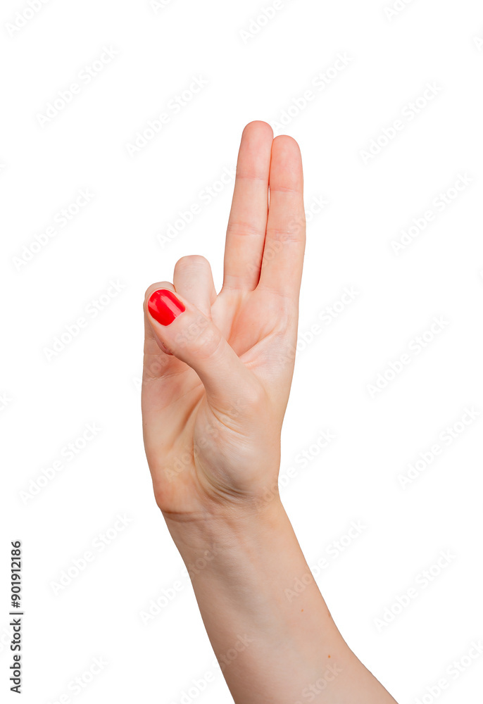 Two fingers raised, reminiscent of a gun gesture, isolated on white background. Elegant and delicate, the hand showcases an outstretched sign with a focus on communication and body Two fingers raised, reminiscent of a gun gesture, isolated on white background. Elegant and delicate, the hand showcases an outstretched sign with a focus on communication and body