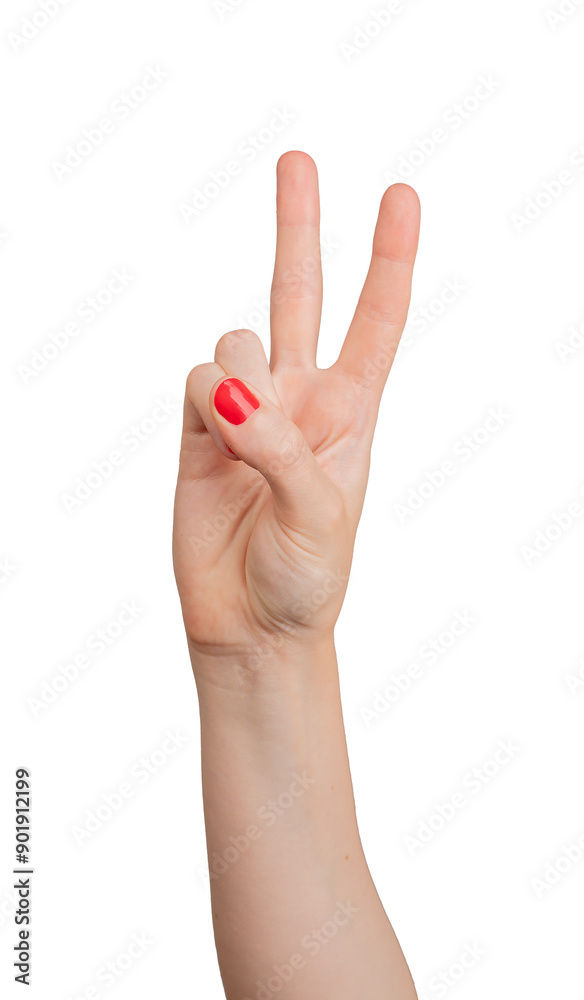 Victory sign with two fingers, symbolizing peace and triumph, isolated on white background. The gesture is made by a woman, showcasing excitement and positivity. Elegant design Victory sign with two fingers, symbolizing peace and triumph, isolated on white background. The gesture is made by a woman, showcasing excitement and positivity. Elegant design