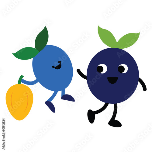 funny running  Blueberry and Mango  cartoon character, vector silhouette, 
