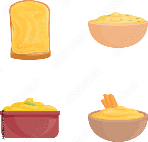 Colorful set of vector illustrations featuring cartoonstyle dips and spreads, perfect for foodrelated designs