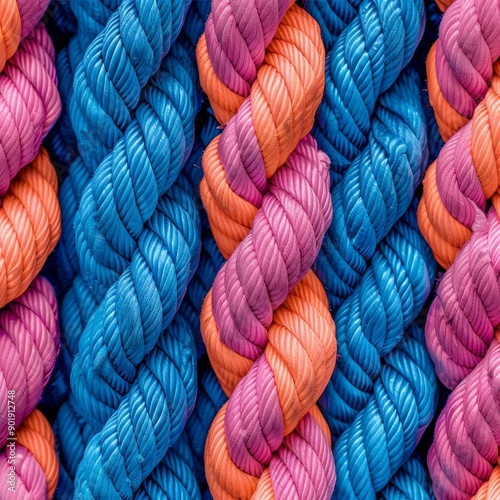 Close-Up of Colorful Braided Nylon Rope Texture, Abstract Background of Intertwined Threads