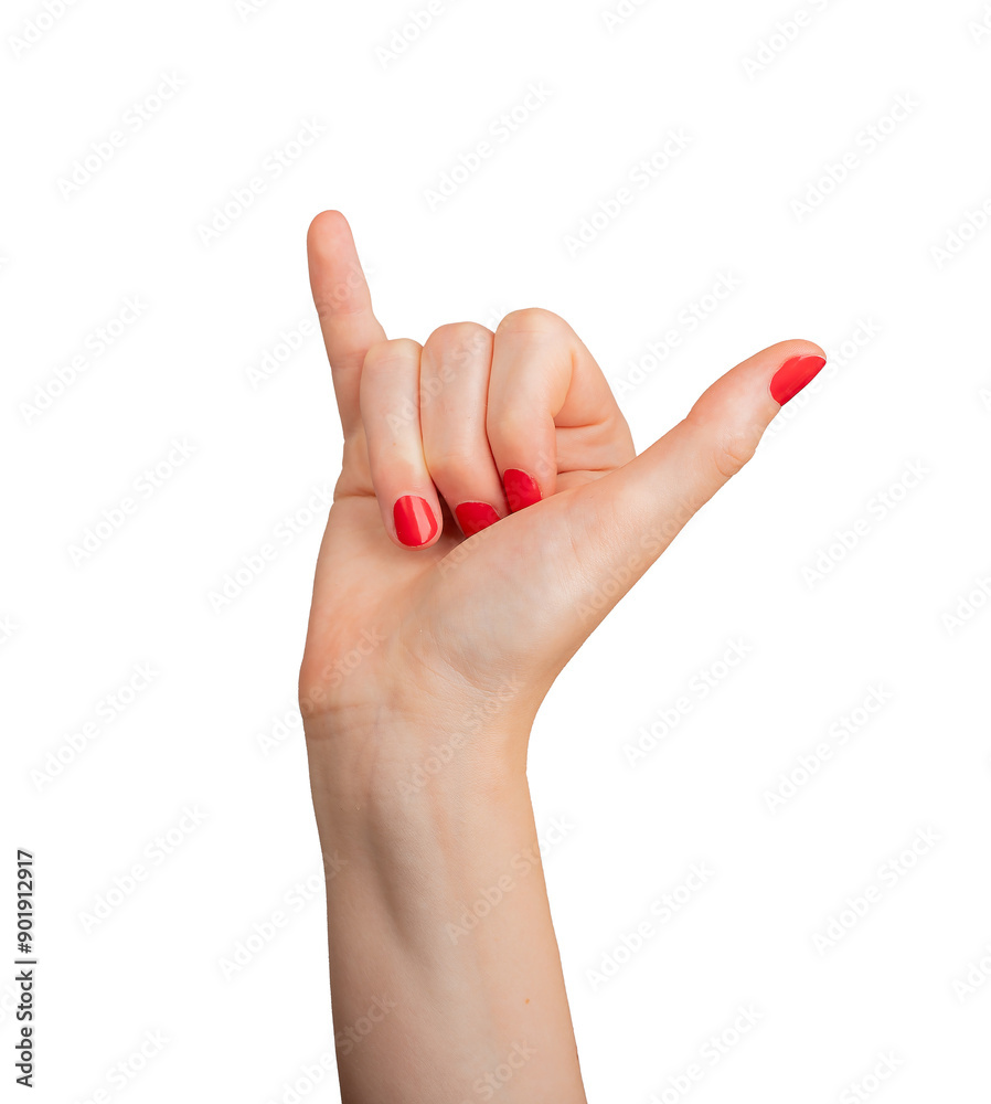 Hand making the shaka gesture, with thumb and little finger extended. Isolated on a white background, symbolizing a cool call or Hawaiian surf signal. Elegant woman’s hand with red Hand making the shaka gesture, with thumb and little finger extended. Isolated on a white background, symbolizing a cool call or Hawaiian surf signal. Elegant woman’s hand with red