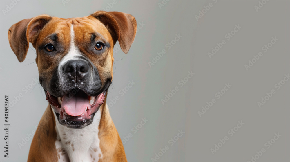Smiling boxer dog looking cheerfully into the camera at home during daytime Smiling boxer dog looking cheerfully into the camera at home during daytime