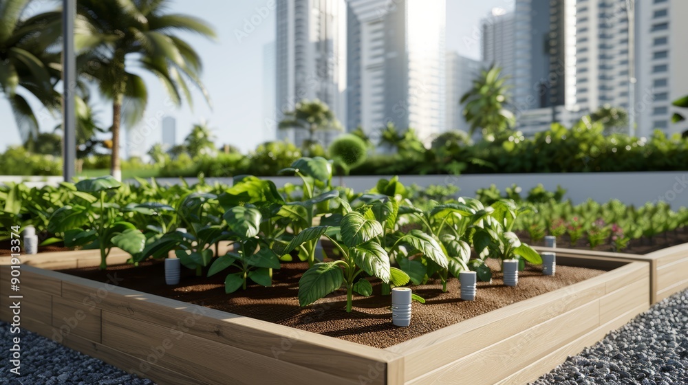 A community garden with solar-powered lights and irrigation systems, surrounded by city buildings, with copy space, high-resolution photo, hyper realistic A community garden with solar-powered lights and irrigation systems, surrounded by city buildings, with copy space, high-resolution photo, hyper realistic