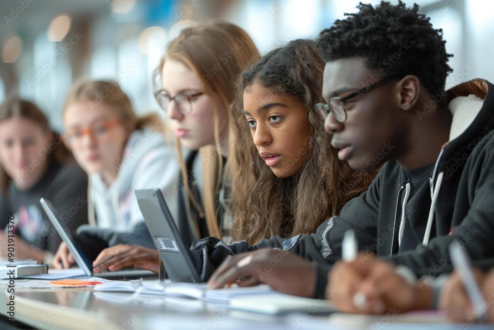 group of diverse college friends studying together using modern technology in a university setting. group of diverse college friends studying together using modern technology in a university setting.