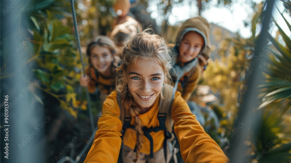 happy family having fun during outdoor high rope activity.