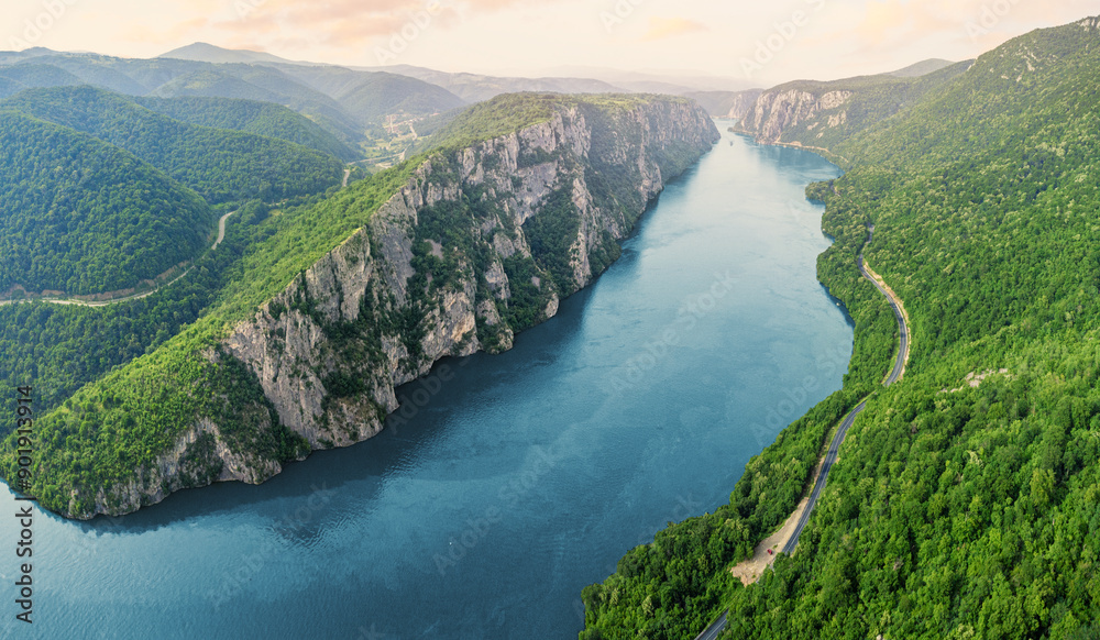 Aerial view of the Danube River flowing through the Iron Gate Gorge in Djerdap National Park, Serbia