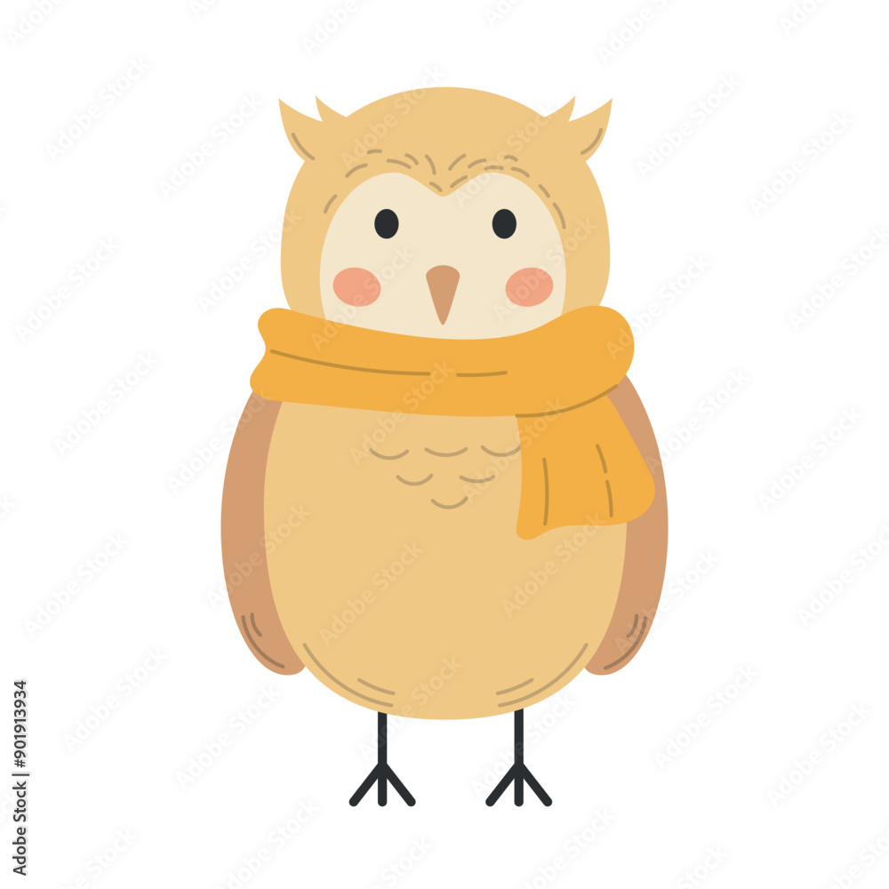 Cute owl with scarf, forest animal, vector illustration in flat style Cute owl with scarf, forest animal, vector illustration in flat style