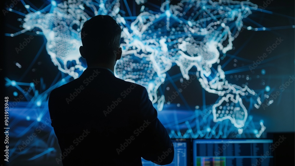 Businessman looks at a computer image of a globe map and interconnected networks on a screen against a dark blue background wall Businessman looks at a computer image of a globe map and interconnected networks on a screen against a dark blue background wall