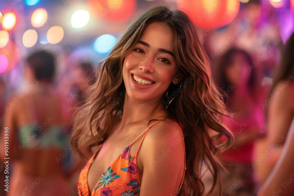 candid shot of a young woman busting some moves on the dance floor of a 90s themed disco party, surrounded by a vibrant and energetic crowd. candid shot of a young woman busting some moves on the dance floor of a 90s themed disco party, surrounded by a vibrant and energetic crowd.