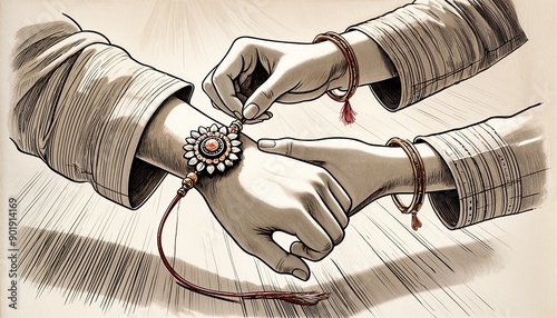 Watercolor illustration of hands tying a rakhi on wrist for raksha bandhan. 