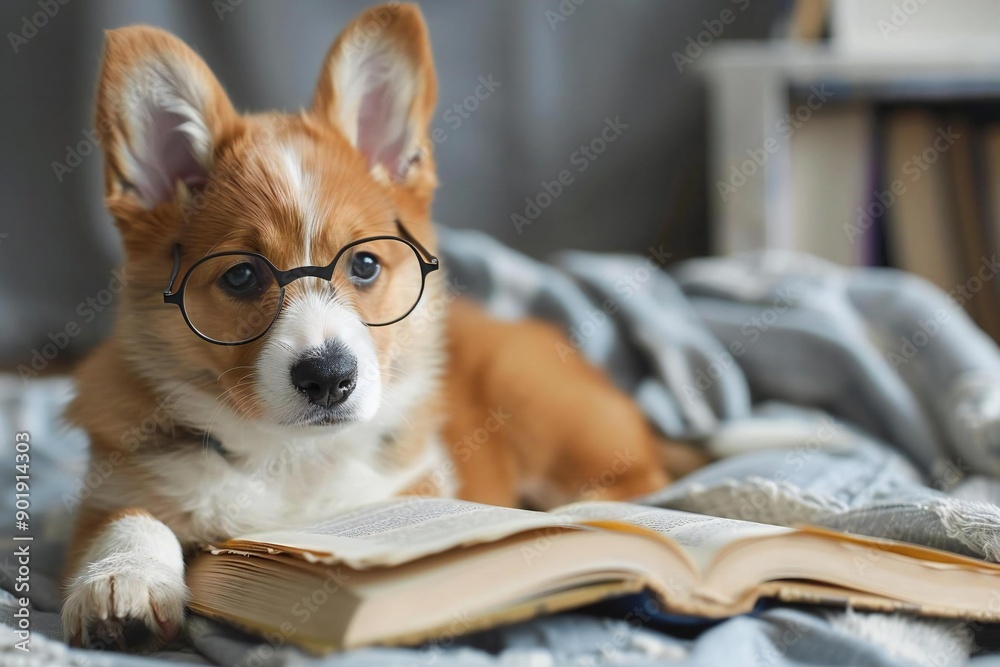 smart puppy wearing glasses and reading a book, showcasing his education and cuteness. smart puppy wearing glasses and reading a book, showcasing his education and cuteness.
