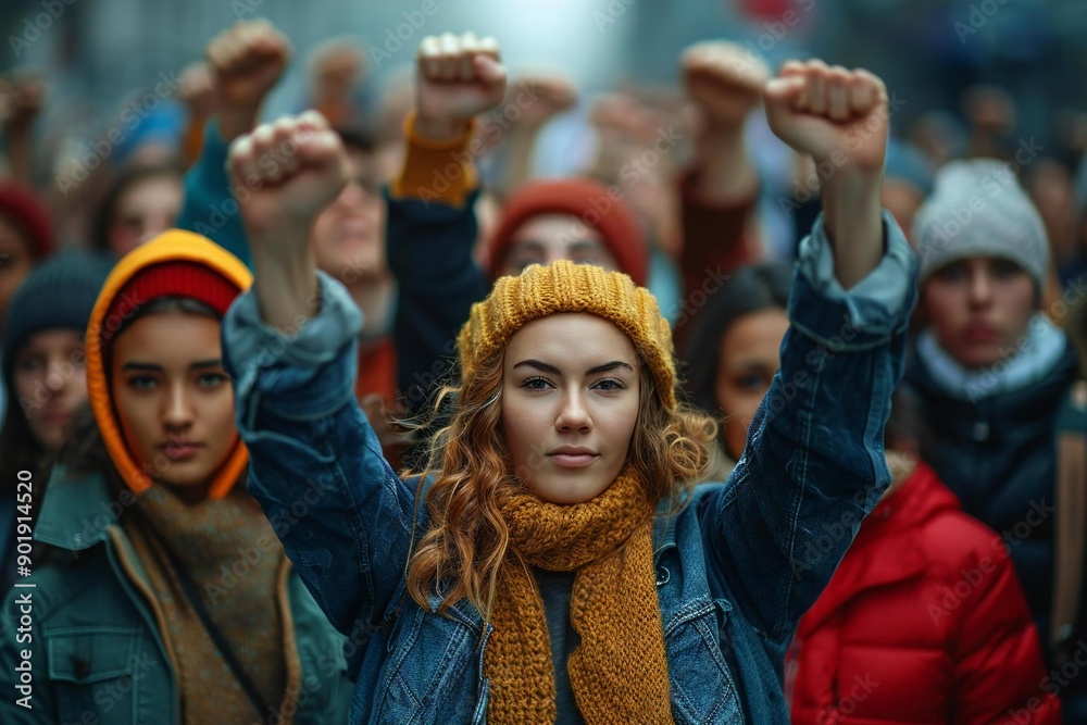 diverse group standing strong together with fists and hands raised in solidarity for justice and equality.
