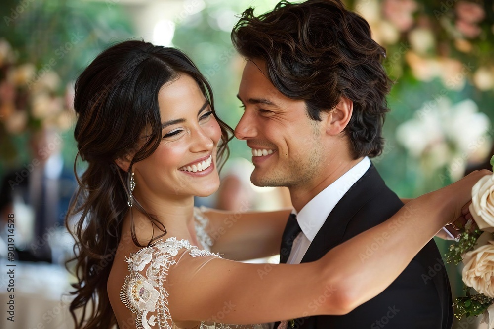 couple enjoying a dance together at their wedding reception, smiling and full of joy as they celebrate their love and commitment to each other. couple enjoying a dance together at their wedding reception, smiling and full of joy as they celebrate their love and commitment to each other.