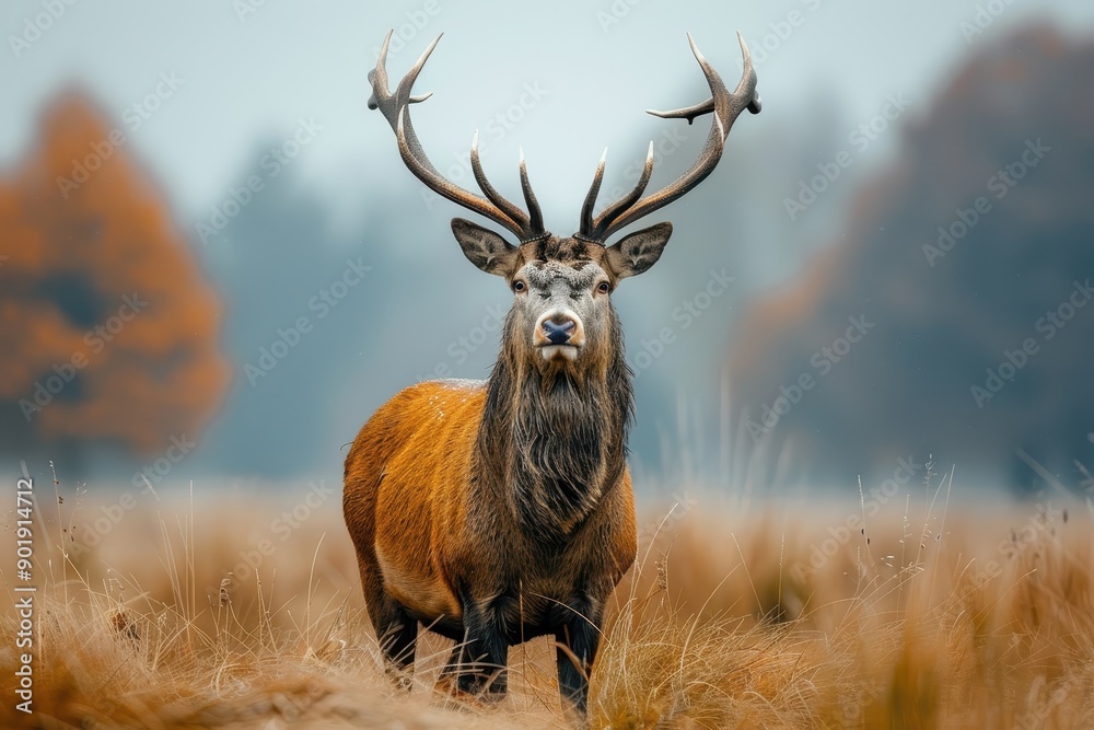 Fototapeta premium Majestic Red Deer Stag with Large Antlers Standing in Meadow - Autumn Wildlife Concept in Photo Realistic Style