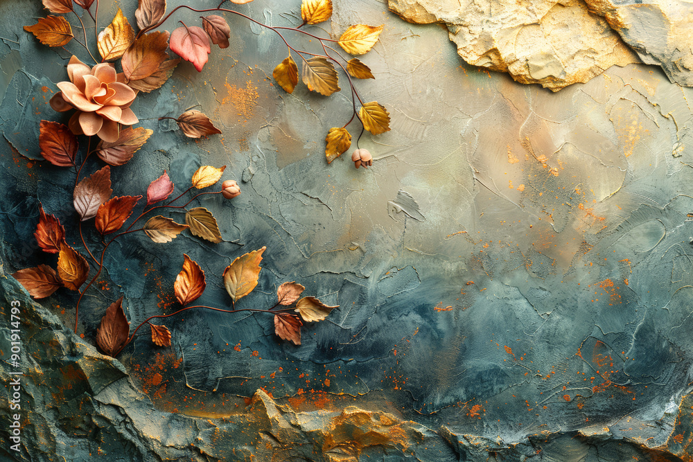 Obraz premium Autumn leaves and flowers on textured background, ideal for fall-themed projects and designs.