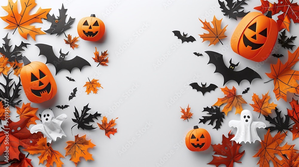 Halloween Flat Lay with Pumpkins, Bats, Ghosts, and Autumn Leaves on White Background, High-Resolution Image for Seasonal, Festive, and Holiday Themes Halloween Flat Lay with Pumpkins, Bats, Ghosts, and Autumn Leaves on White Background, High-Resolution Image for Seasonal, Festive, and Holiday Themes