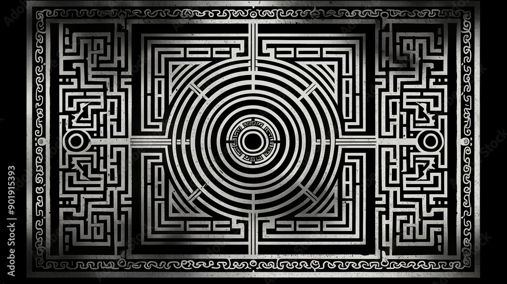 Intricate Black And White Labyrinth Design Viewed From Above With Circular Center Intricate Black And White Labyrinth Design Viewed From Above With Circular Center