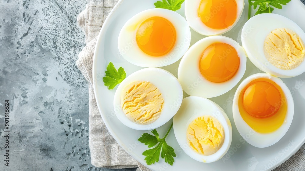 Soft boiled eggs garnished with herbs and served with a spicy dipping sauce on a stylish white plate Soft boiled eggs garnished with herbs and served with a spicy dipping sauce on a stylish white plate