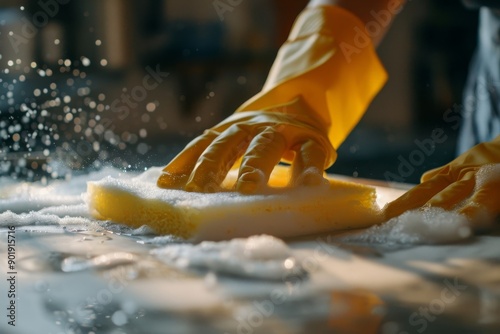 A woman in yellow gloves cleans a table with soap and sponge over a wooden surface next to a bucket of water in a red color