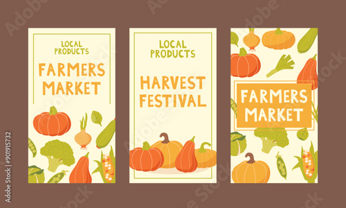 farmers market and harvest festival card. Set of flyers, templates for stories farmers market, local produce, harvest festival