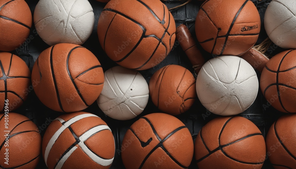 A colorful array of basketballs scattered across a textured surface in afternoon light A colorful array of basketballs scattered across a textured surface in afternoon light