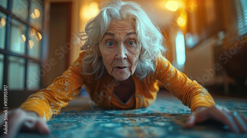 A senior woman is seen desperately crawling on a carpeted floor. Her expression is of shock and urgency, depicting a critical moment of distress indoors. photo