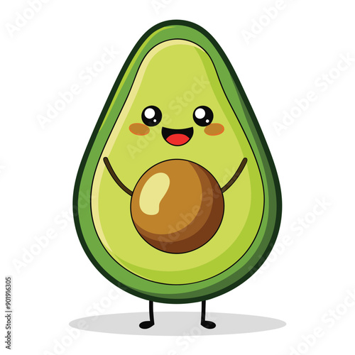 funny smiling avocado, cartoon character, vector illustration, isolated white background