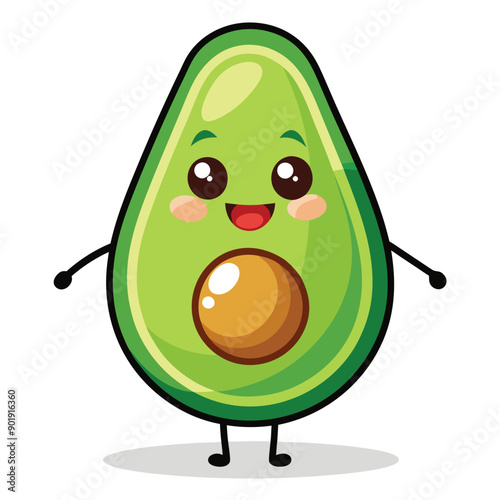 funny smiling avocado, cartoon character, vector illustration, isolated white background