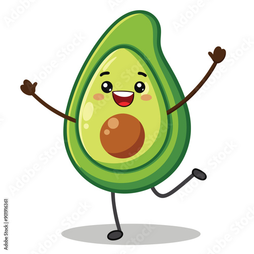 funny smiling avocado, cartoon character, vector illustration, isolated white background