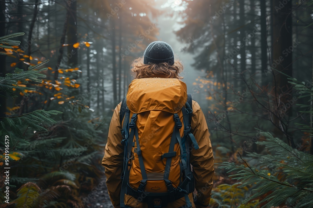 Hiker in Yellow Rain Jacket Walking Through Misty Forest During Autumn at Dawn Hiker in Yellow Rain Jacket Walking Through Misty Forest During Autumn at Dawn
