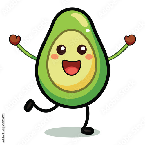 funny smiling avocado, cartoon character, vector illustration, isolated white background