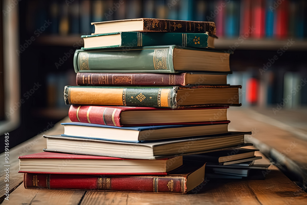 A stack of books on a wooden table. A stack of books on a wooden table.