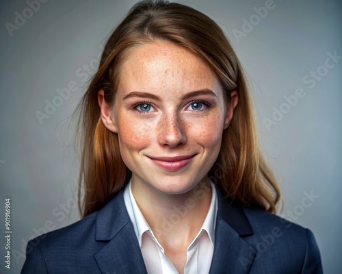 A woman with a blue eye and red hair